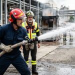Rischio di incendio: Ritratto fotografico dinamico e realistico di un addetto antincendio aziendale durante un addestramento pratico. Indossa la divisa protettiva, elmetto e guanti, e sta impugnando con decisione una manichetta antincendio mentre un getto d'acqua potente esce dall'ugello. Sullo sfondo, un istruttore osserva.