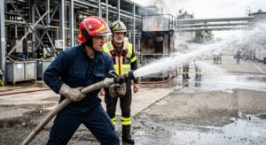 Rischio di incendio: Ritratto fotografico dinamico e realistico di un addetto antincendio aziendale durante un addestramento pratico. Indossa la divisa protettiva, elmetto e guanti, e sta impugnando con decisione una manichetta antincendio mentre un getto d'acqua potente esce dall'ugello. Sullo sfondo, un istruttore osserva.