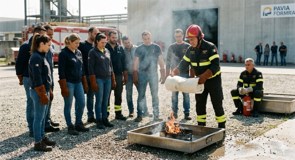 Rischio di incendio: Fotografia realistica all'aperto durante un corso di formazione antincendio aziendale. Un gruppo di lavoratori in abiti civili ma con guanti protettivi ascolta un istruttore dei Vigili del Fuoco che mostra come utilizzare una coperta antincendio su un piccolo focolaio controllato in un'apposita vasca di simulazione.