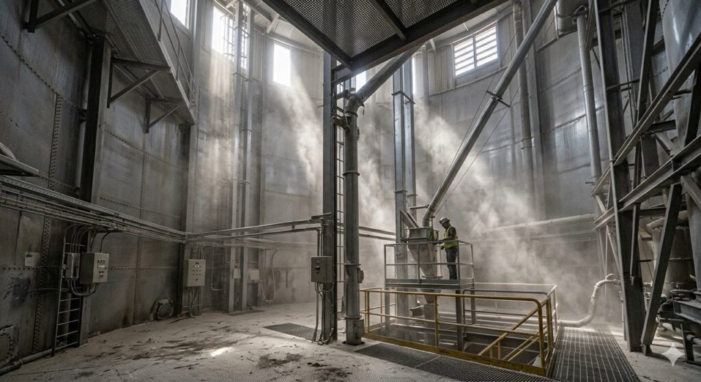 Rischio esplosione: Fotografia grandangolare dell'interno di un moderno silos alimentare. Si vedono nubi di polvere organica (farina) illuminate da fasci di luce solare che filtrano dall'alto. Atmosfera densa, stile documentaristico, profondità di campo nitida.