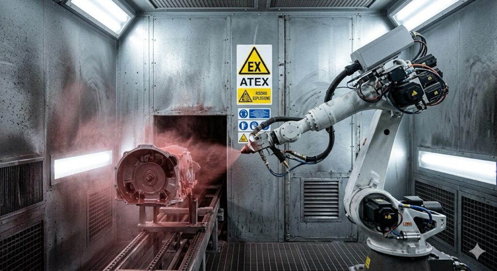 Rischio esplosione: Dettaglio fotografico di una cabina di verniciatura industriale. Un braccio robotico sta spruzzando vernice nebulizzata; si nota la segnaletica gialla "EX" (ATEX) ben visibile sulla parete metallica sullo sfondo. Luci LED fredde.