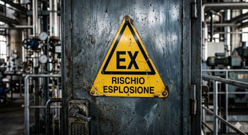 Rischio esplosione: Inquadratura ravvicinata e nitida del segnale triangolare giallo "EX" (Atmosfera Esplosiva) fissato su una porta blindata in acciaio in un impianto chimico. Riflessi realistici sul metallo e texture leggermente usurata del cartello.