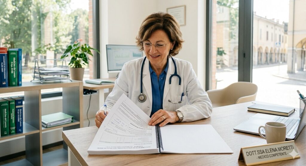 Rischio elettrico: Foto realistica di un medico in camice bianco, con stetoscopio, che revisiona con attenzione un Documento di Valutazione dei Rischi (DVR) in un ufficio moderno e luminoso. Illuminazione naturale, stile editoriale.