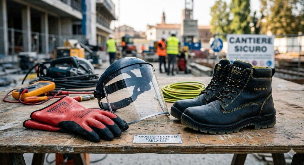 Rischio elettrico: Primo piano fotografico di un paio di guanti isolanti certificati, una visiera anti-arco elettrico e calzature dielettriche appoggiati su un tavolo tecnico da cantiere. Profondità di campo ridotta, stile industriale nitido.