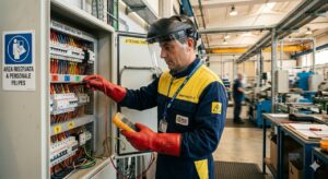 Rischio elettrico: Fotografia d'azione di un tecnico qualificato che opera su un quadro elettrico industriale indossando tutti i DPI necessari. Si vede chiaramente la visiera protettiva e i guanti. Atmosfera professionale e sicura.