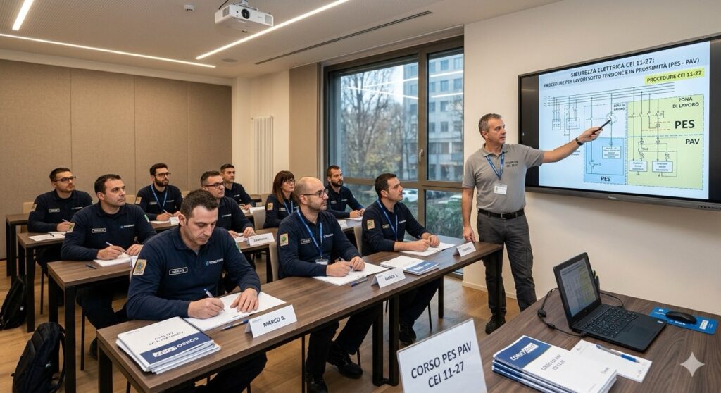 Rischio elettrico: Un gruppo di operai in un'aula moderna durante una sessione di formazione sulla norma CEI 11-27. Un istruttore indica un diagramma tecnico su uno schermo. Fotografia stile "corporate training".