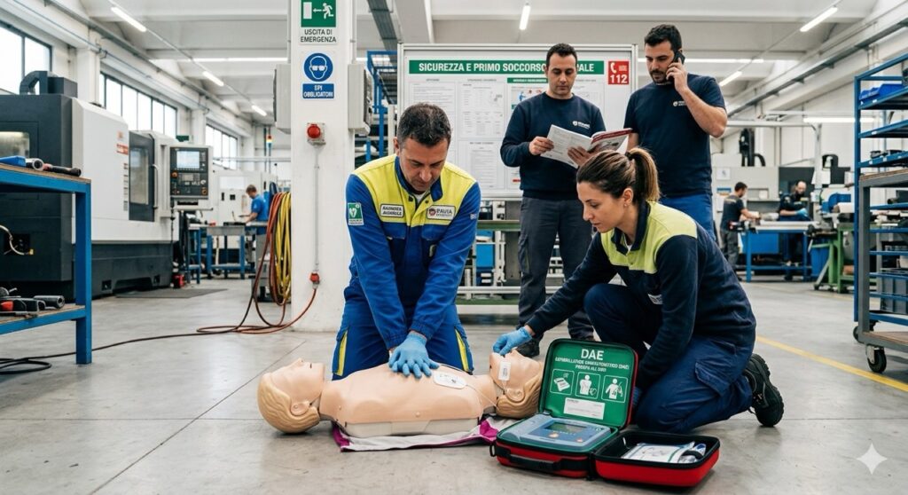 Rischio elettrico: Simulazione realistica di primo soccorso in un ambiente di lavoro. Un collega addestrato pratica il massaggio cardiaco su un manichino, con un defibrillatore (DAE) aperto e pronto all'uso accanto.