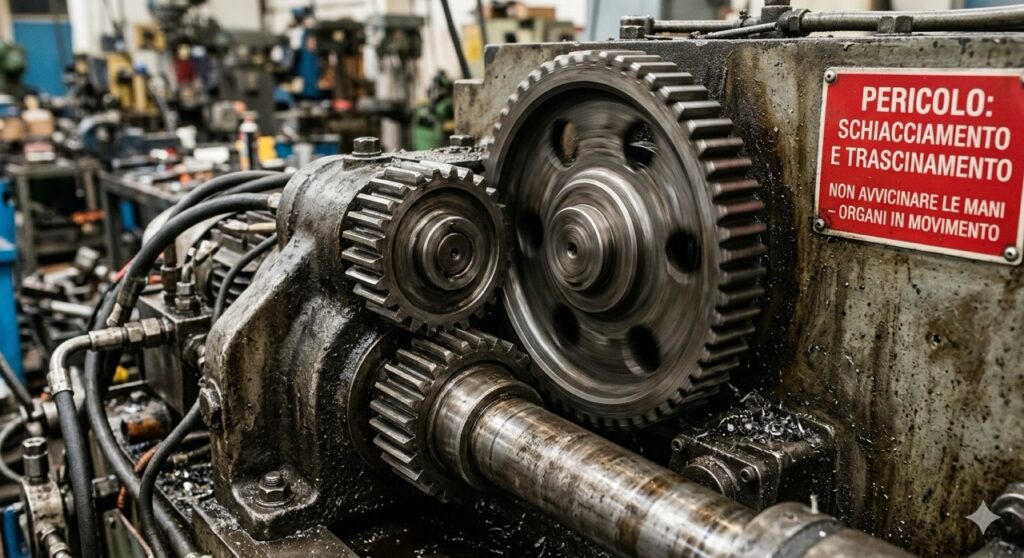 Rischi meccanici: Una fotografia dettagliata e ravvicinata dell'ingranaggio metallico rotante di una macchina utensile industriale, con evidenti punti di pericolo di schiacciamento e trascinamento