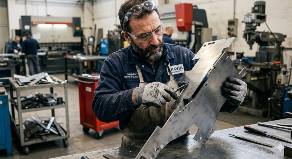 Rischi meccanici: Un ritratto fotografico ravvicinato di un operaio metalmeccanico che indossa guanti anti-taglio certificati mentre maneggia con precisione una lastra di metallo affilata in un'officina