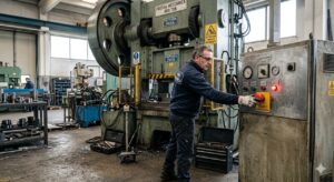 Rischi meccanici: Una fotografia industriale che mostra un tecnico che aziona un pulsante di arresto di emergenza rosso su una grande pressa meccanica, con la macchina completamente ferma