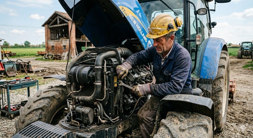 Rischi meccanici: Un ritratto fotografico realistico di un agricoltore che indossa un elmetto di protezione durante la manutenzione di un trattore agricolo