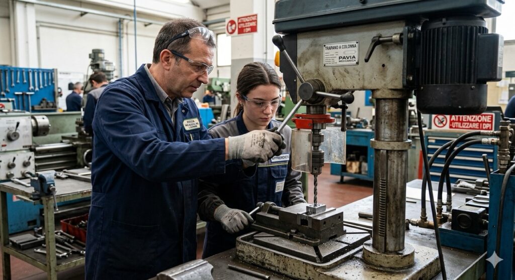 Rischi meccanici: Una fotografia sul posto di lavoro che ritrae un istruttore che addestra un apprendista sull'uso corretto e sicuro di un trapano a colonna, mostrando i corretti movimenti delle mani