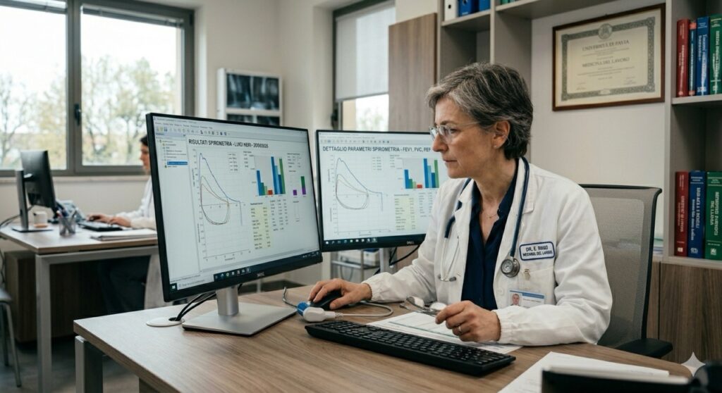 Diisocianati: un medico del lavoro (medico competente) con camice bianco e stetoscopio, mentre esamina attentamente i risultati di una spirometria su un monitor in un ufficio medico moderno