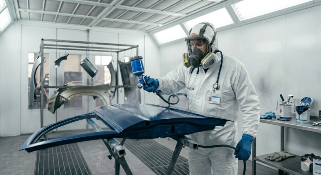 Diisocianati: n operaio in una carrozzeria industriale, indossando una maschera pieno facciale con filtri combinati (A2P3), una tuta protettiva chimica bianca e guanti pesanti, mentre vernicia a spruzzo una portiera d'auto all'interno di una cabina di verniciatura professionale ben ventilata.