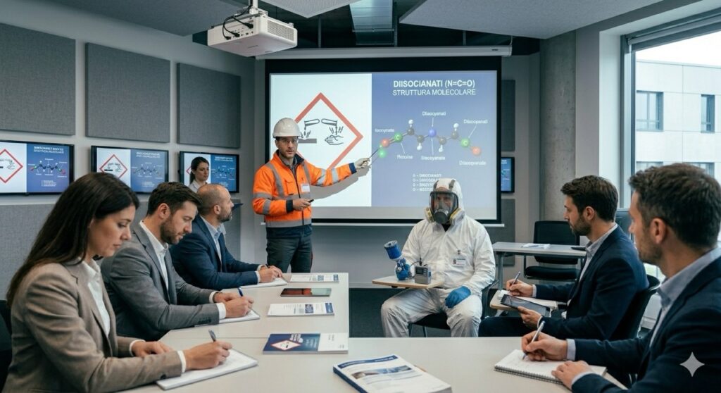 Diisocianati: Una sessione di formazione aziendale sul rischio chimico. Un formatore esperto proietta una slide complessa che mostra il simbolo del pericolo chimico e la struttura molecolare dei diisocianati (N=C=O) in un'aula moderna con dipendenti attenti che prendono appunti.