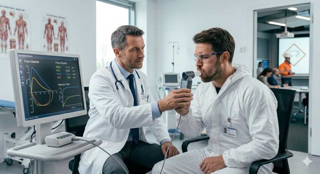 Diisocianati: Una visita medica del lavoro. Un medico competente esegue una spirometria su un lavoratore seduto, che soffia con forza in uno spirometro digitale, con un grafico della funzionalità polmonare visibile sullo schermo.