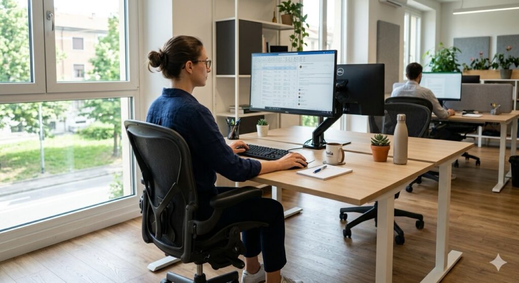 Salute degli occhi sul lavoro: Fotografia realistica di una postazione d'ufficio moderna e luminosa. Un impiegato è seduto con una postura corretta, mantenendo una distanza di circa 60 cm dal monitor. Il bordo superiore dello schermo è perfettamente allineato all'altezza dei suoi occhi.