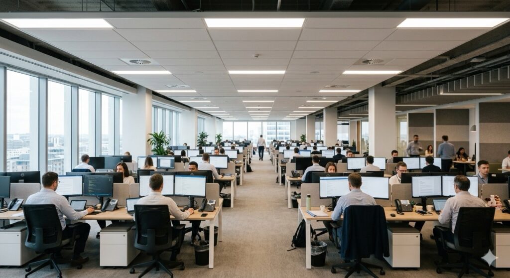 Salute degli occhi sul lavoro: Scatto grandangolare di un ufficio con illuminazione uniforme a 500 lux. Le luci sono disposte in modo da evitare riflessi sugli schermi dei PC e abbagliamenti diretti per i lavorator