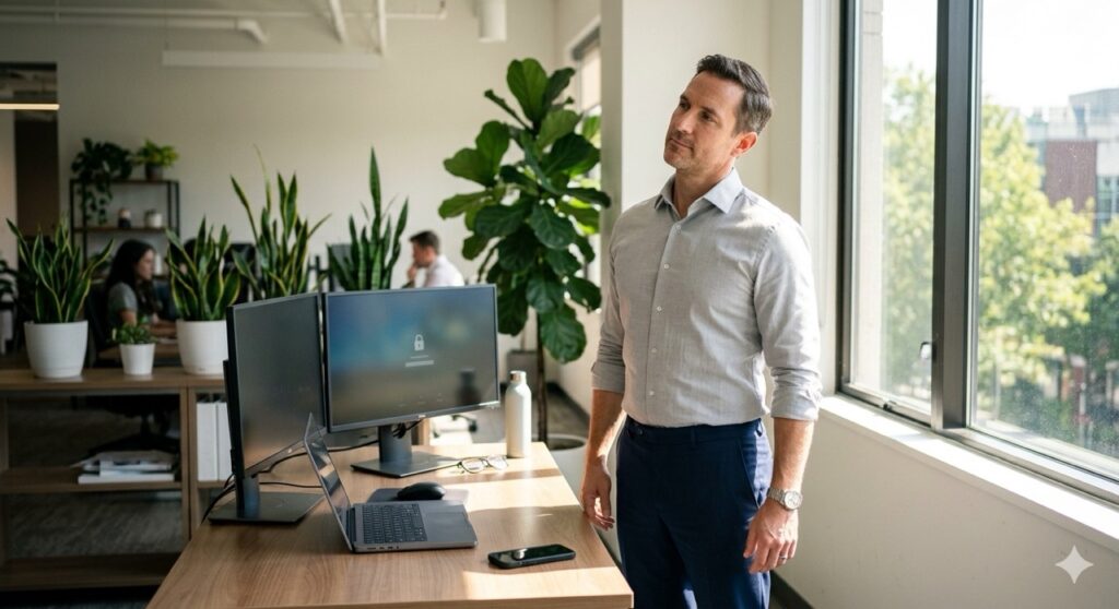 Salute degli occhi sul lavoro: Un lavoratore in piedi accanto alla sua scrivania mentre fa un leggero stretching. Non guarda lo smartphone, ma osserva un punto lontano nella stanza per riposare la vista ravvicinata.