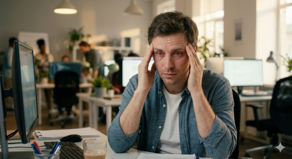 Salute degli occhi sul lavoro: Ritratto realistico di un impiegato che si massaggia leggermente le tempie a fine giornata, con gli occhi leggermente arrossati, per rappresentare i segnali di astenopatia da sforzo prolungato.