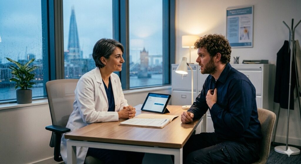 Rischio Psicologico: Colloquio con il Medico Competente: Uno scatto professionale e rassicurante all'interno di un ambulatorio medico aziendale ben illuminato. Un medico competente, in camice bianco, è seduto di fronte a un dipendente in abiti da lavoro.