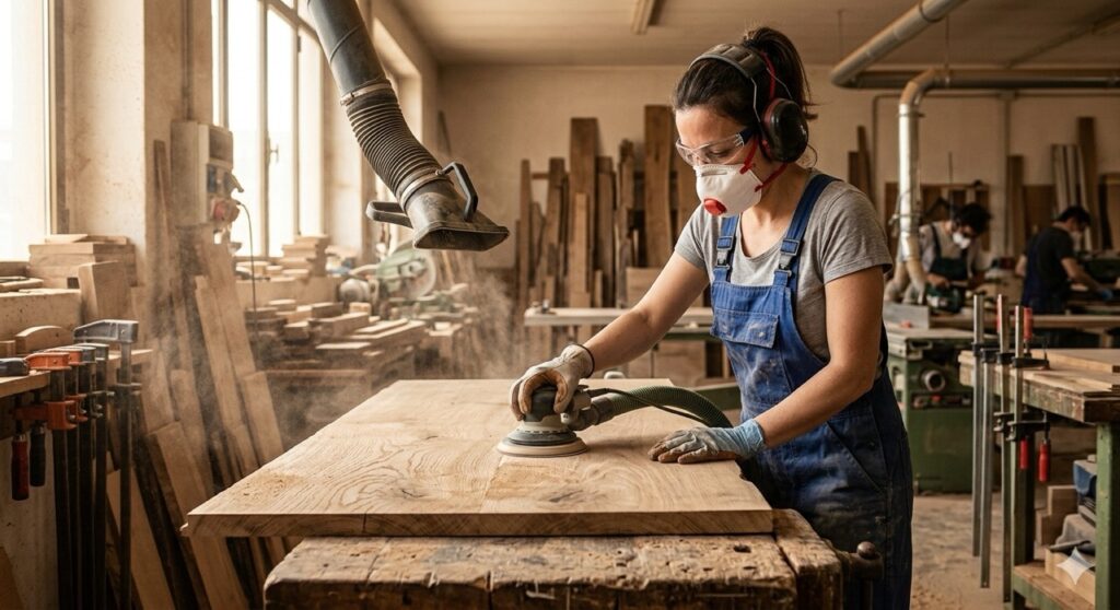 Sostanze cancerogene: Fotografia realistica di un falegname intento a levigare un pannello di legno duro in un laboratorio artigianale. Nubi sottili di polvere di legno sono visibili nell'aria, illuminate da una luce laterale. L'operaio indossa una mascherina FFP3, occhiali protettivi e cuffie. Stile fotografico documentario industriale, alta risoluzione, colori naturali.