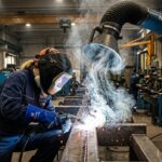 Sostanze cancerogene: Un saldatore sta eseguendo una saldatura MIG, con fumi metallici e nebbie d'olio che si levano dal punto di lavoro. Un sistema di aspirazione localizzata è attivo sopra la zona. Il lavoratore indossa una maschera saldatura automatica, guanti tecnici e tuta ignifuga. Illuminazione drammatica ma realistica, focus nitido sul processo.