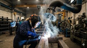 Sostanze cancerogene: Un saldatore sta eseguendo una saldatura MIG, con fumi metallici e nebbie d'olio che si levano dal punto di lavoro. Un sistema di aspirazione localizzata è attivo sopra la zona. Il lavoratore indossa una maschera saldatura automatica, guanti tecnici e tuta ignifuga. Illuminazione drammatica ma realistica, focus nitido sul processo.