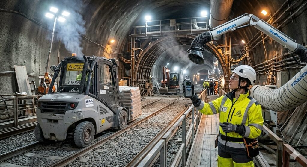 Sostanze cancerogene: Un carrello elevatore a motore diesel è in movimento, con leggere emissioni di gas di scarico visibili nell'aria. L'ambiente è industriale, con illuminazione artificiale e un tecnico della sicurezza che monitora la ventilazione con un misuratore portatile. Stile fotografico contemporaneo, dettagli precisi.