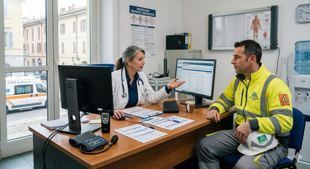 Sostanze cancerogene: Un medico competente, in camice, sta esaminando una cartella sanitaria digitale su un monitor, mentre parla con un lavoratore in abbigliamento da cantiere pulito. Sulla scrivania sono visibili strumenti di monitoraggio biologico e moduli di valutazione. Luce naturale da finestra, atmosfera professionale e riservata.