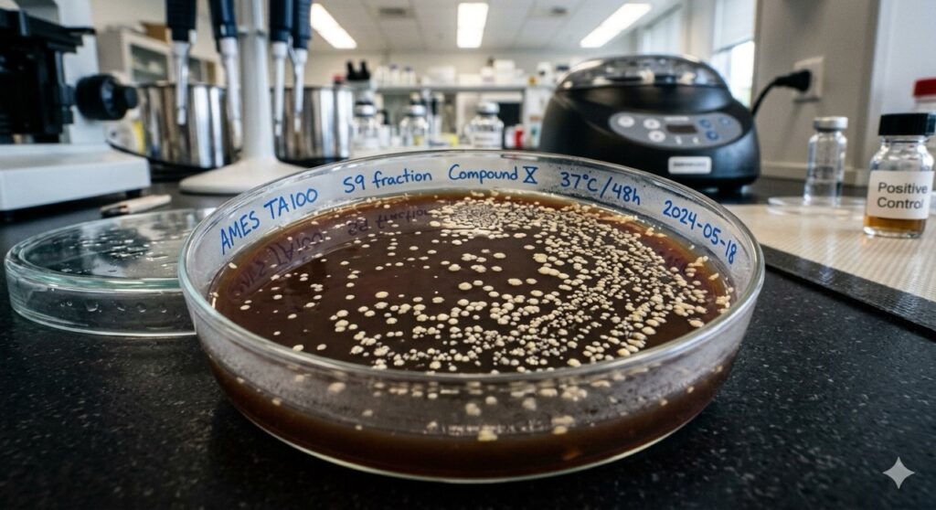 Sostanze Mutagene: Macro fotografia dettagliata di una piastra di Petri per il Test di Ames, che mostra colonie batteriche in crescita su un terreno di coltura in un laboratorio di tossicologia avanzato.