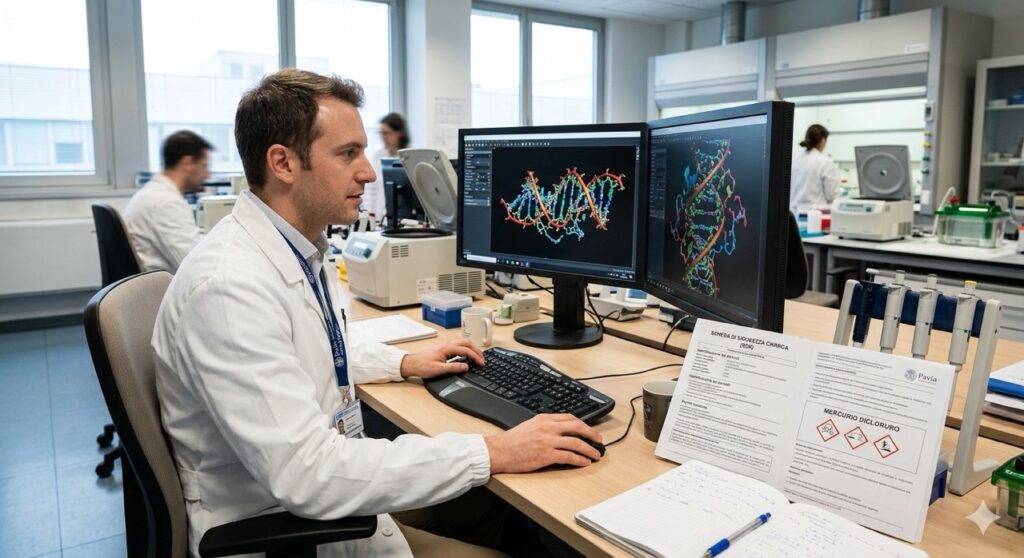 Sostanze Mutagene: Una foto professionale in stile reportage aziendale che ritrae uno scienziato mentre analizza una struttura molecolare 3D complessa del DNA su un monitor professionale a doppio schermo.