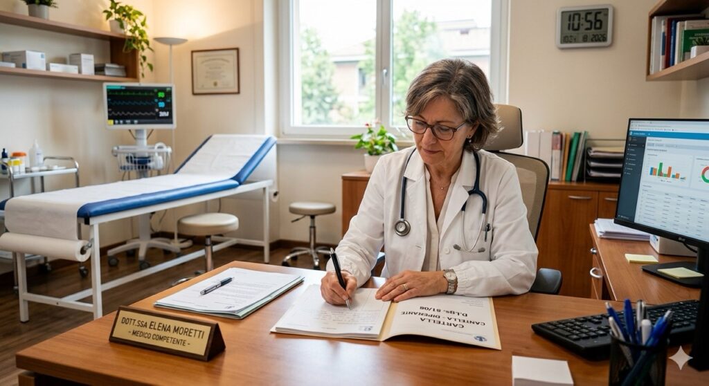 Sostanze Mutagene: Fotografia naturalistica di un medico del lavoro (medico competente) in camice bianco e stetoscopio mentre compila una cartella sanitaria cartacea all'interno di uno studio medico aziendale