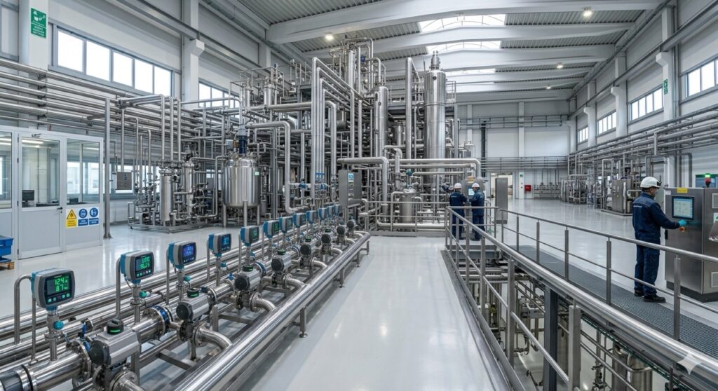 Sostanze Mutagene: Fotografia grandangolare di un impianto chimico industriale a ciclo chiuso altamente tecnologico, con tubature in acciaio inossidabile lucido, valvole e manometri digitali illuminati da spie LED. L'ambiente è perfettamente pulito, moderno e sicuro.