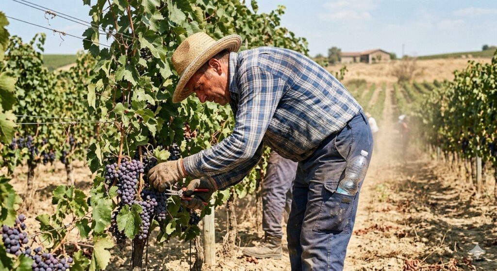 Rischio Microclima: Ritratto fotografico realistico di un bracciante agricolo durante la vendemmia estiva. L'uomo è piegato sulle viti, indossa un cappello di paglia e una camicia a quadri bagnata. Il sole è a picco e l'atmosfera è arida e polverosa. Una bottiglia d'acqua di plastica mezza vuota è visibile nella tasca laterale