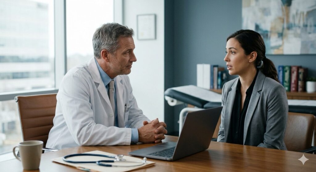 Cosa non dire al Medico del lavoro: Una fotografia realistica in stile cinematografico di un moderno studio medico aziendale. Un medico competente di mezza età con camice bianco, seduto alla scrivania, ascolta con empatia un impiegato d'ufficio durante un colloquio. Atmosfera professionale, illuminazione morbida e naturale dalla finestra, stile da reportage fotografico corporativo.