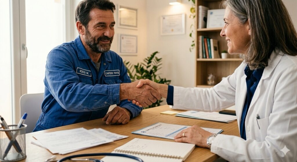 Cosa non dire al Medico del lavoro: Una foto realistica focalizzata sulle mani di un medico del lavoro con camice bianco e un operaio in divisa da lavoro blu che si stringono la mano con decisione sopra una scrivania. Sul tavolo ci sono documenti cartacei sfocati. Simbolo di fiducia e segreto professionale, illuminazione calda e rassicurante