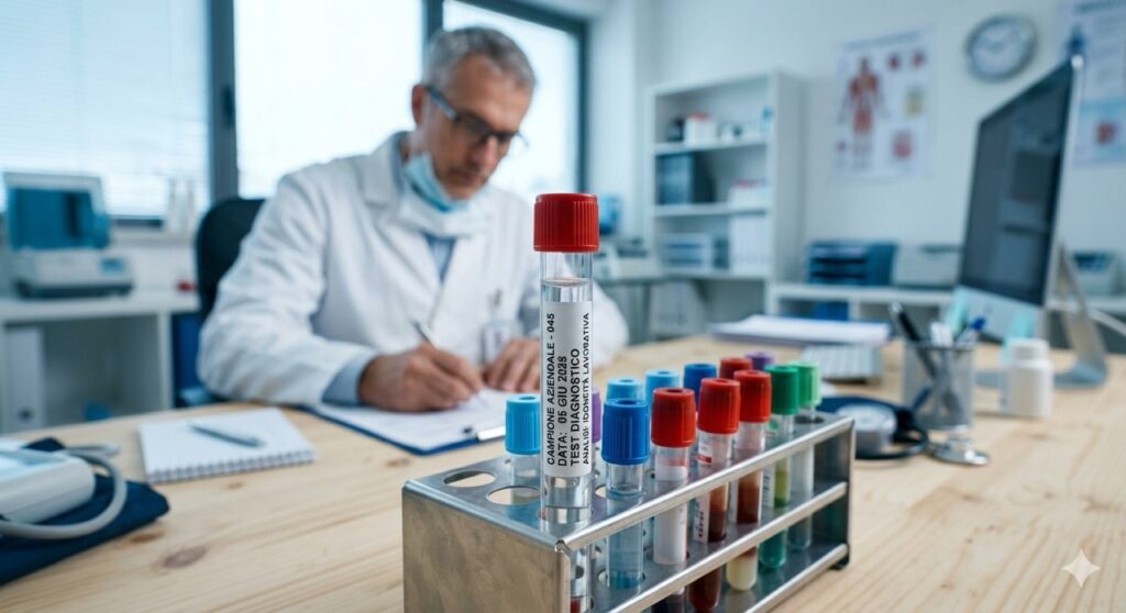 Cosa non dire al Medico del lavoro: Un ritratto fotografico realistico di un operaio con casco di sicurezza giallo, seduto in una sala d'attesa medica. L'uomo ha un'espressione pensierosa e leggermente preoccupata, mentre guarda verso il basso. Stile cinematografico, profondità di campo ridotta, colori desaturati per esprimere la tensione della visita