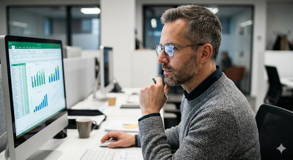 Idoneità alla mansione con prescrizioni: Una fotografia realistica e di profilo di un impiegato maschio sui 40 anni seduto a una scrivania da ufficio moderna. Indossa occhiali da vista e guarda attentamente un monitor di computer acceso con grafici e dati. La luce dello schermo si riflette sulle lenti. L'attenzione è concentrata sull'uso degli occhiali come presidio prescrittivo. Illuminazione da ufficio, stile documentaristico.