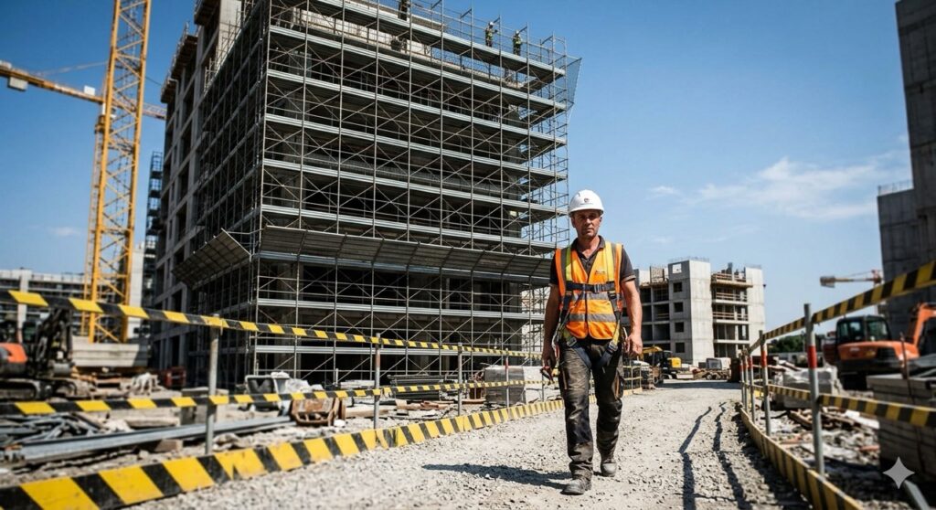 Idoneità alla mansione con prescrizioni: Un'inquadratura panoramica esterna di un cantiere edile con un grande ponteggio metallico che sale verso l'alto. In primo piano, a livello del suolo, un operaio maschio con casco e imbracatura di sicurezza cammina lungo un percorso designato, svolgendo mansioni a terra.