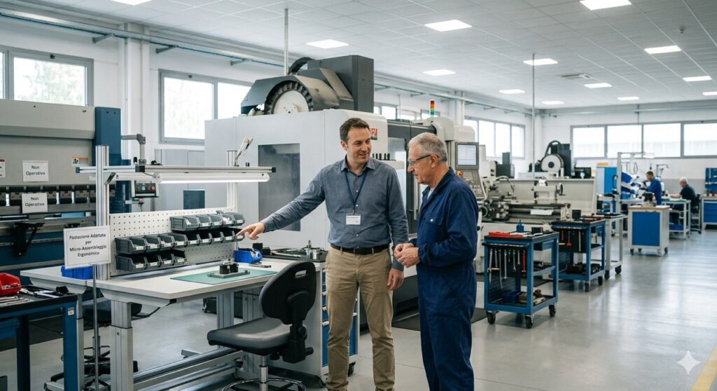 Idoneità alla mansione con prescrizioni: Una fotografia realistica scattata all'interno di un'officina meccanica pulita e organizzata. Un responsabile di produzione (in camicia) sta parlando con un operaio (in tuta). Il responsabile indica un'area di assemblaggio leggero seduta, mentre l'operaio annuisce.