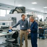 Idoneità alla mansione con prescrizioni: Una fotografia realistica scattata all'interno di un'officina meccanica pulita e organizzata. Un responsabile di produzione (in camicia) sta parlando con un operaio (in tuta). Il responsabile indica un'area di assemblaggio leggero seduta, mentre l'operaio annuisce.