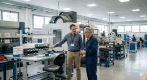 Idoneità alla mansione con prescrizioni: Una fotografia realistica scattata all'interno di un'officina meccanica pulita e organizzata. Un responsabile di produzione (in camicia) sta parlando con un operaio (in tuta). Il responsabile indica un'area di assemblaggio leggero seduta, mentre l'operaio annuisce.