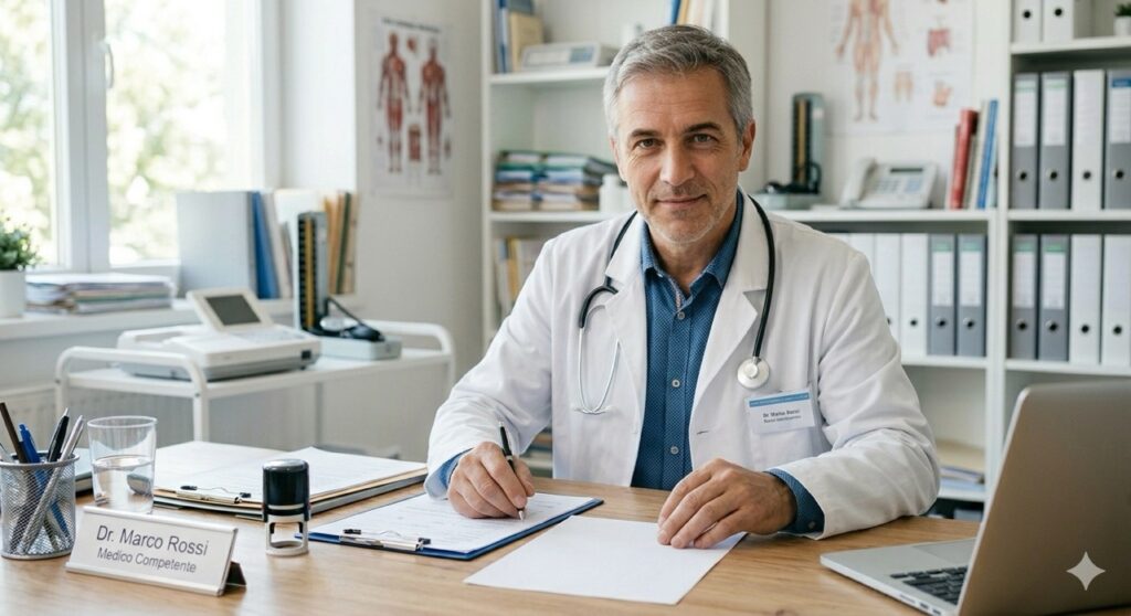 Idoneità alla mansione con prescrizioni: Una fotografia realistica e ravvicinata in un ufficio medico luminoso. Un medico competente di mezza età, con camice bianco e stetoscopio al collo, guarda dritto in camera con un'espressione seria e rassicurante.